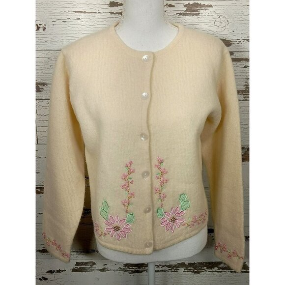 VINTAGE Timberlea Embroidered Beaded  Poinsettia Wool Cardigan Cream Sz S EUC - Picture 1 of 4